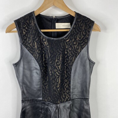 Bagatelle Dress Size Medium Black Sheath Pleated Leather Cocktail Gold Lace  | eBay