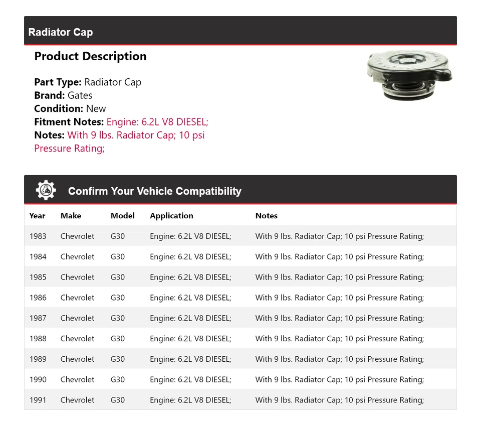 For 1983-1991 Chevrolet G30 6.2L V8 DIESEL Radiator Cap Gates 1984 1985 1986 - Image 2 of 4