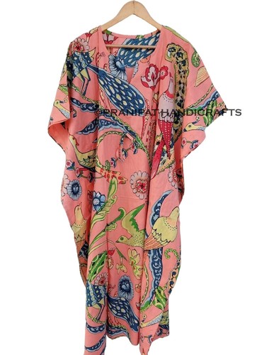 Damen Baumwolle Hippie Sommer Pfirsich Nachtwäsche Pfau Muster Lang Maxi Kaftan - Bild 2 von 6