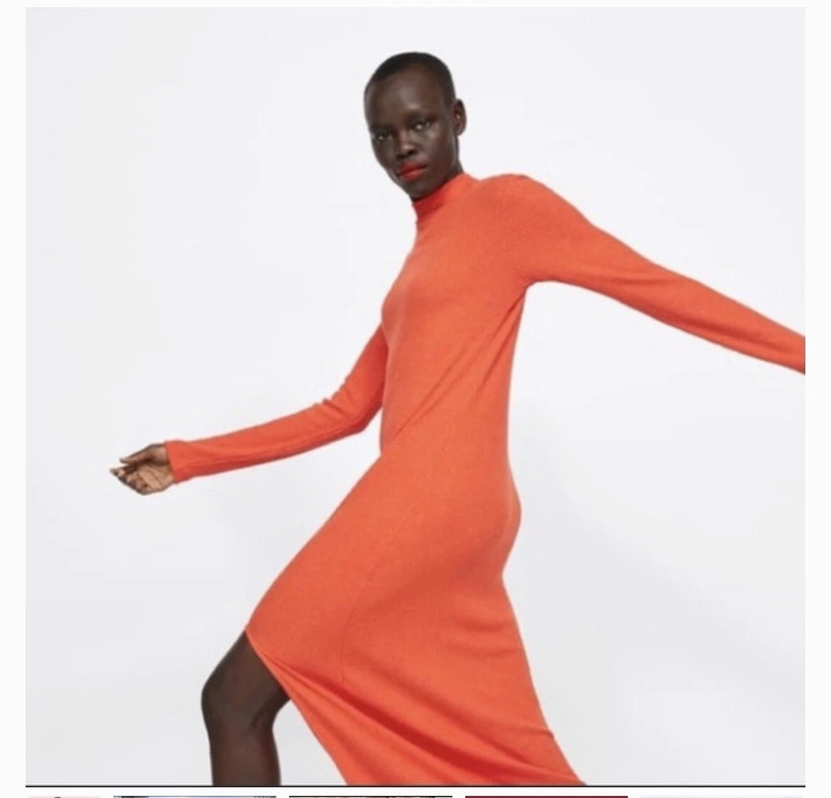 Zara Womens Ribbed Maxi Dress Orange Slit L Long Sleeve High Neck