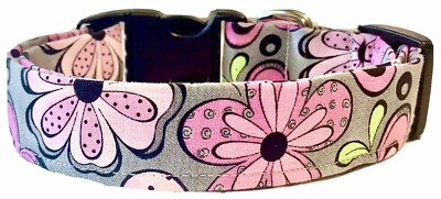 Funky Pink Flowers On Gray Handmade Dog Collar