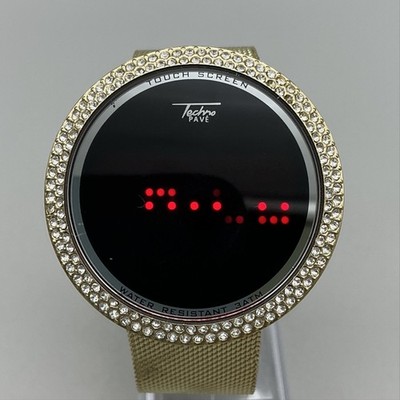 Techno Pave Digital Womens Watch 45mm Black Dial Gold Tone Touch New Battery