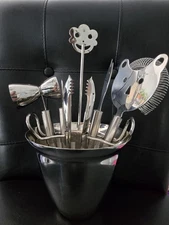 WMF 8-Piece Cromargan Impulse Stainless Steel Bar Set Whimsical Faces, Germany