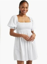 Hill House Athena Nap Dress White Swiss Dot Smocked Mini Dress, Size M