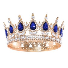 Blue Queen Crown Tiara for Women Crystal Rhinestone 4.72" x 1.96" Metal 4 Clips