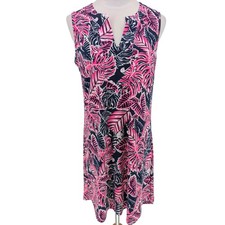 Peach Love California Shift Dress Womens MD Pink Navy Tropical Palm Leaf V-Neck