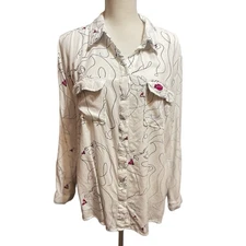 Milk & Honey Womens Abstract Face Graphic Button Shirt Black White Red Lips 3X