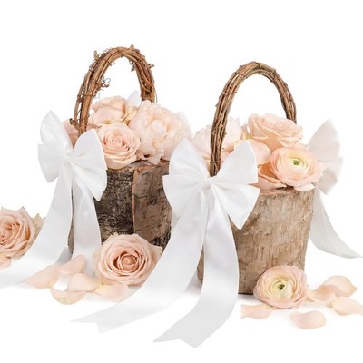 2 Pcs Flower Girl Baskets with 4 Ribbon Bows, Natural Bark Flower Girl Basket...