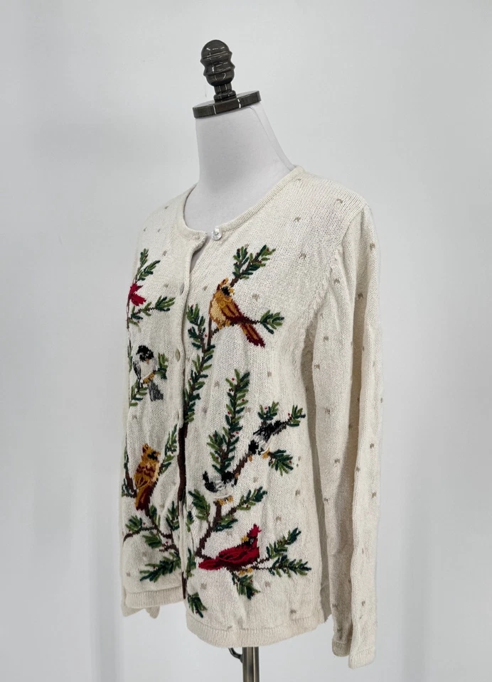 Northern Isles Vtg Holiday 2004 White Embroidered Birds Cardigan Sweater Sz M - Image 2 of 4