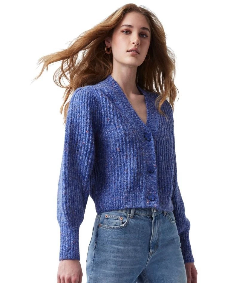 Cárdigan French Connection Natalya Talla M Azul Lana Mármol Alpaca Acanalado Suéter Foto 2 de 4