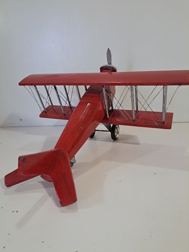 Large Wooden Model Propeller Bi Plane Airplane Red & Silver - Picture 5 of 8