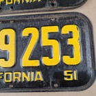 1951 California CA License Plates Pair 1F69253 Patina Vintage Black & Yellow 51 — photo 5