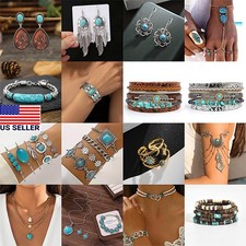 Silver Oval Turquoise Gemstone Jewelry Handmade Bracelet Earring Necklace USA