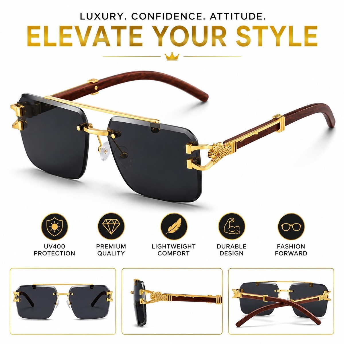 Unisex Rimless Rectangle Sunglasses Gold Metal Frame Black  display picture 1