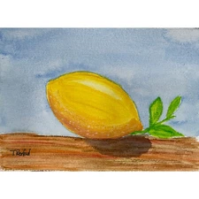 Hand painted watercolor original painting yellow lemon brown table