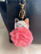 Calico cat bag charm Pom Pom Keychain pink Fluffy cute kawaii Christmas Gift