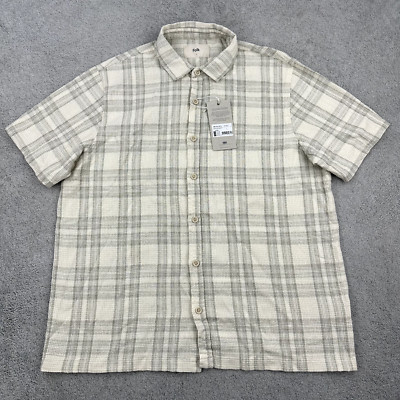 Folk Curtis Men's Large Button Up Shirt Linen Blend Green Beige Plaid