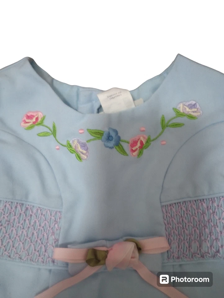 Vestido Vintage Baby Togs Azul Con Flores Rosa Lazo Sin Florers Niñas Talla 2T Foto 2 de 4