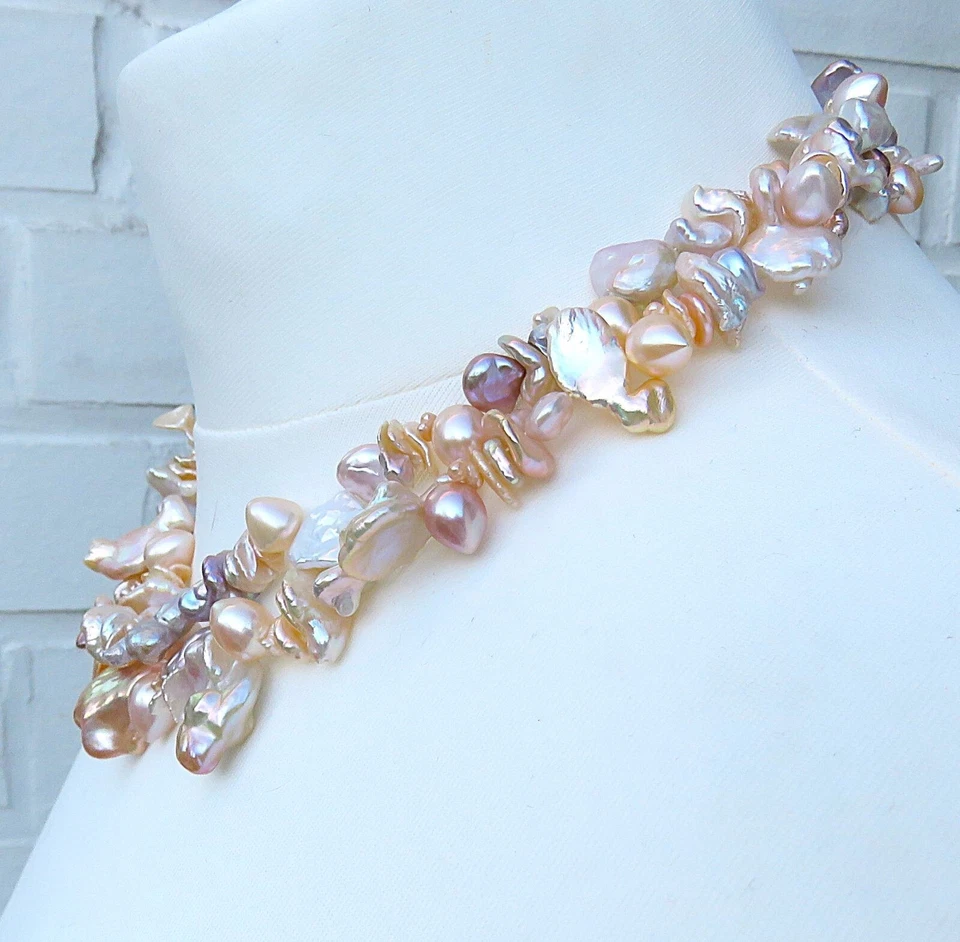 Keshi Süßwasser Perlen Collier 2-reihig handgefertigt Unikat Perlen Kette 5506 - Bild 3 von 4