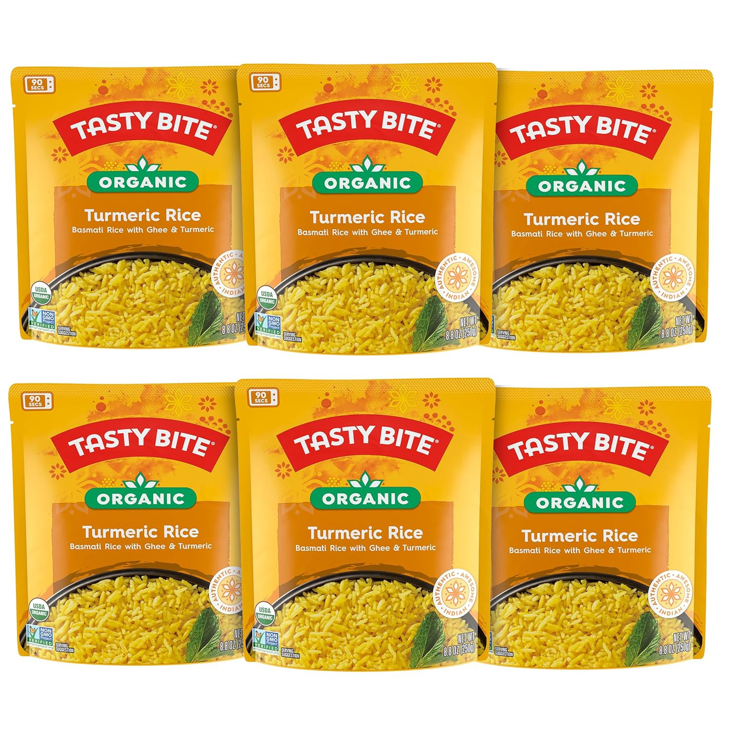 Органический рис с куркумой Tasty Bite, 8,8 унций, Упаковка из 6 штук, Готов к употреблению, для микроволновой печи