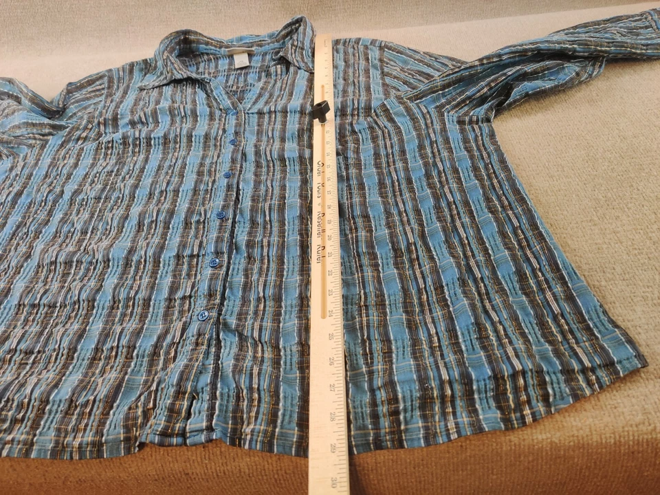 Blusa Top Liz & Me for Catherines Manga 3/4 Botones 4X Azul Negro Plateado Rayas Foto 4 de 4