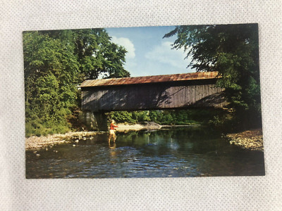 Fly Fishing, Covered Bridge in Cavendish, Vermont, Circa 1960's, NOS