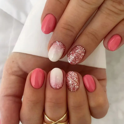 24Pc Almond Short Pink Fake Nails Glitter Designs Jelly Glue Women Girls