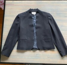 Vintage Macy’s Black Wool Blend Open Front Short Jacket Scalloped Edges Size 10