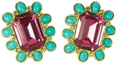 KENNETH JAY LANE, CRYSTAL CENTER & CABOCHON CLIP EARRINGS-TOPAZ/RUBY - Picture 2 of 4