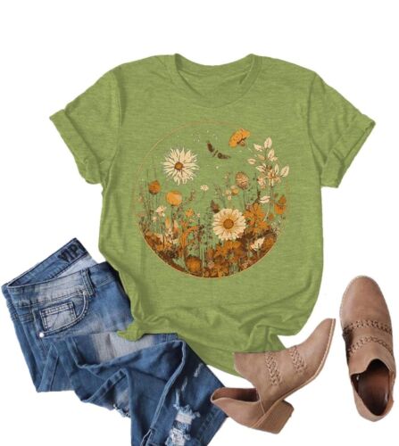 New Women’s Graphic T-shirt Women Camping Floral Retro Print Casual Short Sleeve