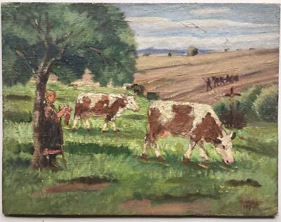 Ölbild Impressionist Landschaften mit Kühe und Mädchen Alfred Haag Heilbron 1923 - Bild 1 von 4