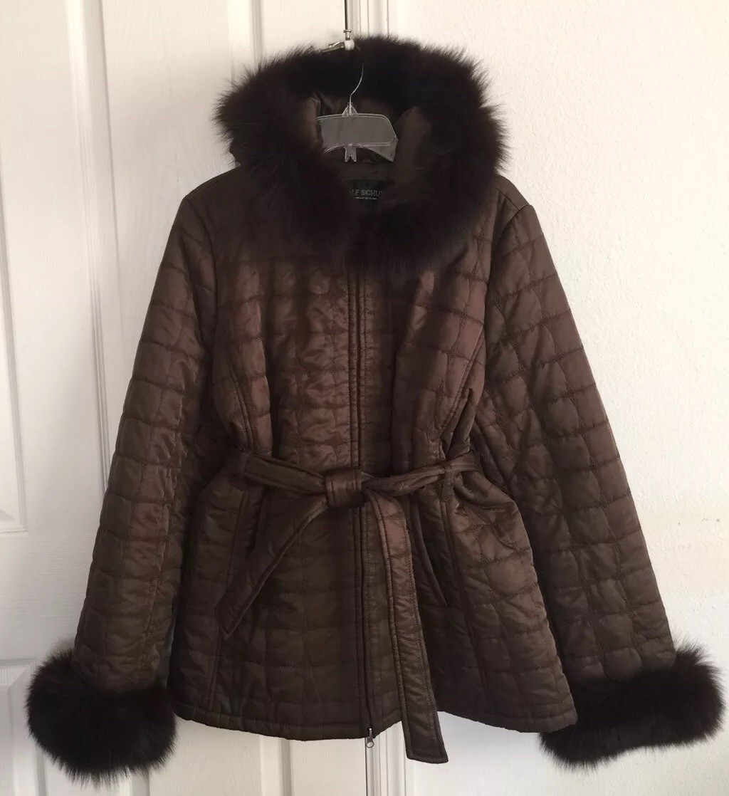 rolf schulte ロルフシュルテ ミンクファー ロングコート ブラウン Rolf Schulte Brown Quilted Dyed Fox Fur Trim Hooded Belted Coat