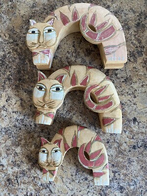 Laurel Burch Stil Vintage 3er Set geschnitztes Holz handbemalt Katze Skulptur