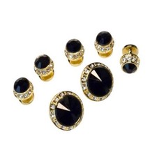 Big  Tall Black Faceted Crystal Studs and Cufflinks in Gold Tone Finish