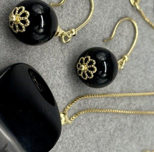 Élégant Ensemble Collier et Boucles D'Oreilles Féminin en Argent 925 D'Or Onyx