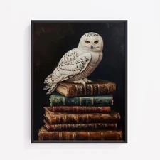 Snowy Owl on Antique Books Art Print – 11x17” Unframed – Gothic Library Decor