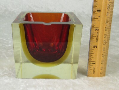 Flavio Poli Murano Glass Ashtray Red Yellow Modern Seguso Italy 3-1/4in T