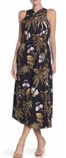  385 NWT VINCE TROPICAL GARDEN SATIN MIDI DRESS IN COASTAL BLUE SZ Medium