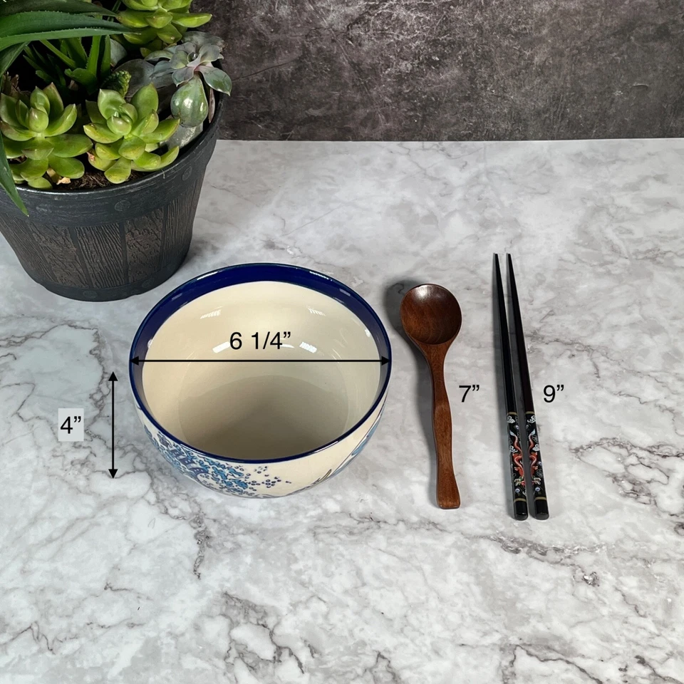 Conjunto de tigela de sopa de macarrão 6 1/4" ondas japonesas bege azul ramen - Imagem 3 de 4
