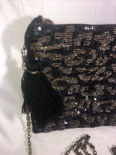 Elegante Schultertasche Handtasche schwarz Gepard Jaguar Perlen Weltmarkt 9 x 7,5 - Bild 2 von 9