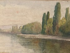 Watercolor painting landscape river lake Impressionist Impressionism 1920