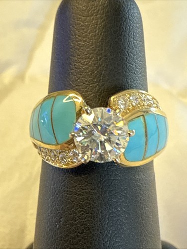 14k Yellow Gold With Sleeping beauty Turquoise With 1ct Moissanite And .25ct Dia - Picture 5 of 5