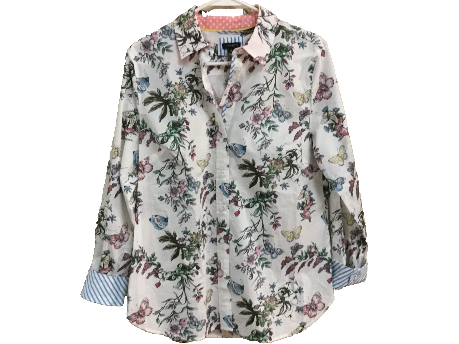 Talbots Size M Floral button front blouse top long L sleeve Cotton blue pink NWT