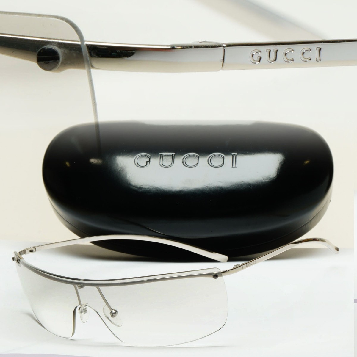 小物 Old Gucci Sunglasses : Clear Gucci Sunglasses 2001 Vintage Shield Silver Light Grey Tint GG