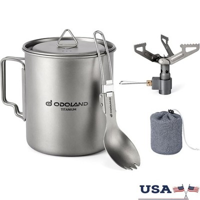 Titanium Camping Cookware Set 4-in-1 Lightweight Pot Stove Spork Mesh Bag New