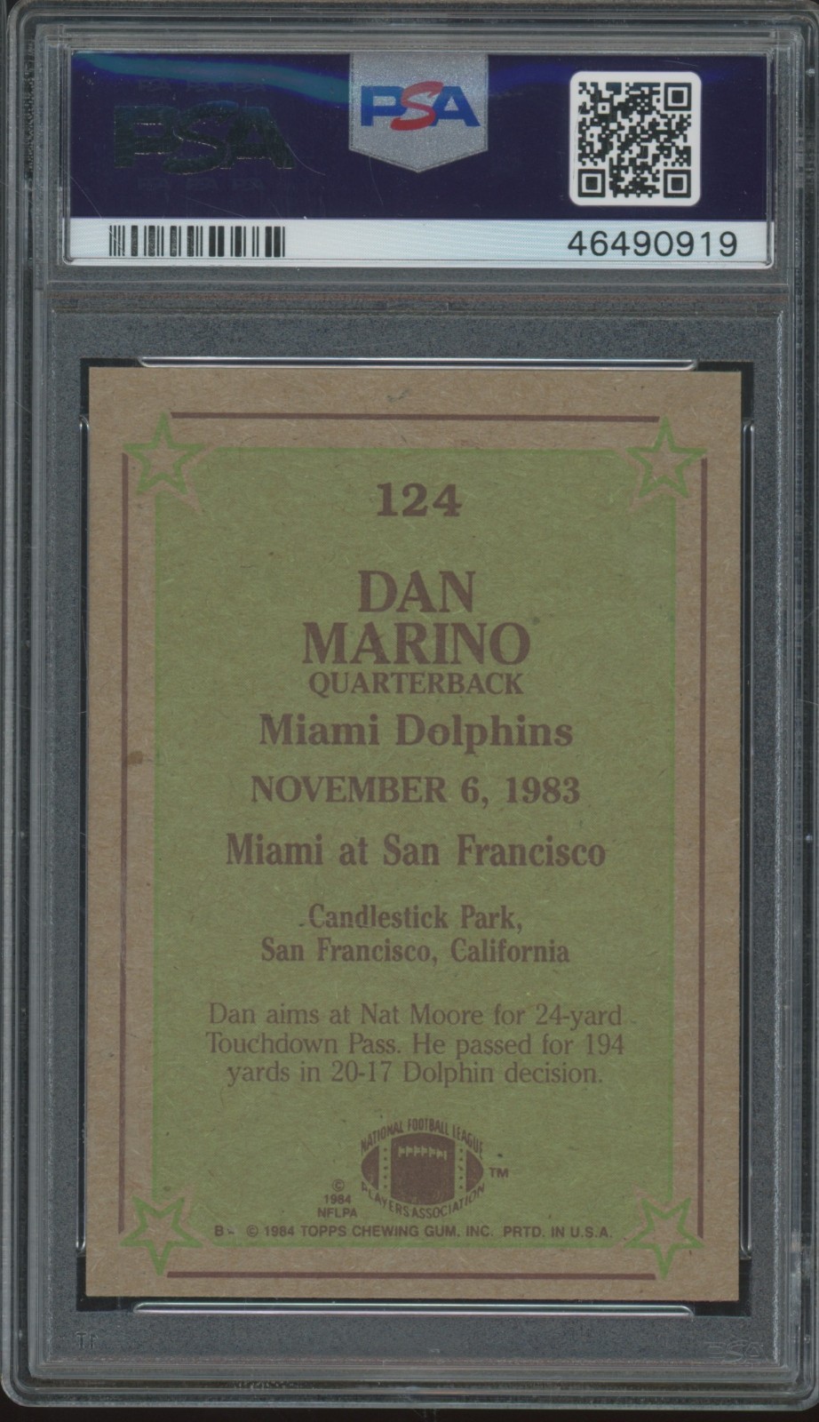 1984 Topps Instant Replay #124 Dan Marino Gem Mint PSA 10 view 2