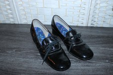 Deliso 1960s 70s Women's Black Patent Leather Shoes Mary Janes Lace Up 9.5 AA