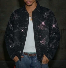 New Luxury Men Diamond Stars Rhinestones Denim Black Shirt Jacket High Quality
