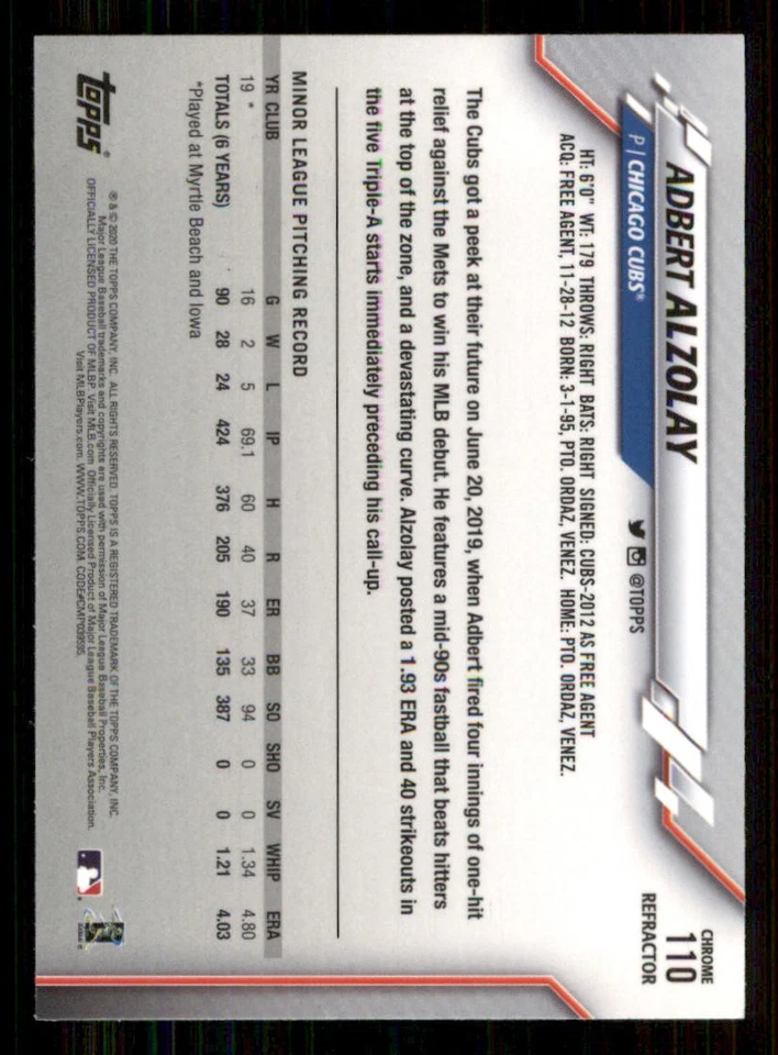 2020 Topps Chrome Refractors #110 Adbert Alzolay - Image 2 of 2