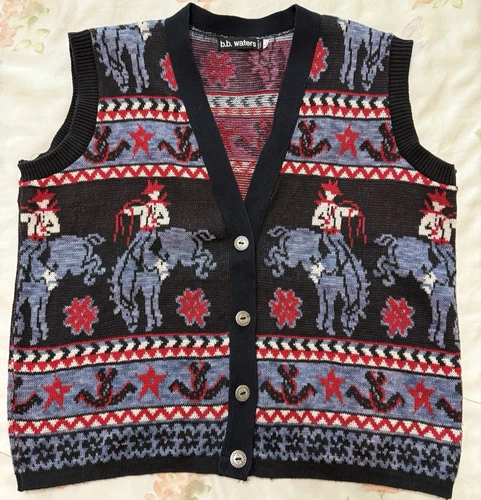 Vtg Womens Sweater Vest Western Cowgirl Horse Equestrian Patriotic USA Made LRG